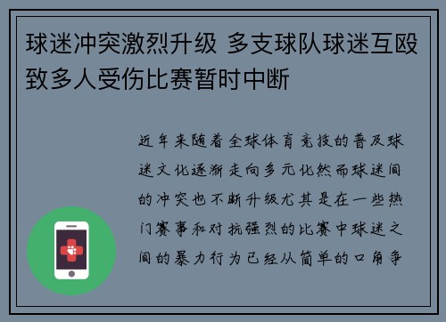 球迷冲突激烈升级 多支球队球迷互殴致多人受伤比赛暂时中断