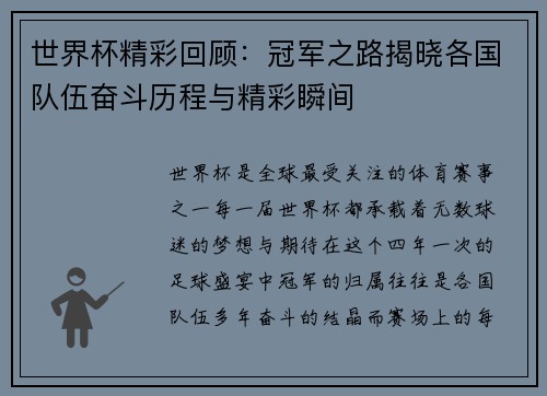 世界杯精彩回顾：冠军之路揭晓各国队伍奋斗历程与精彩瞬间