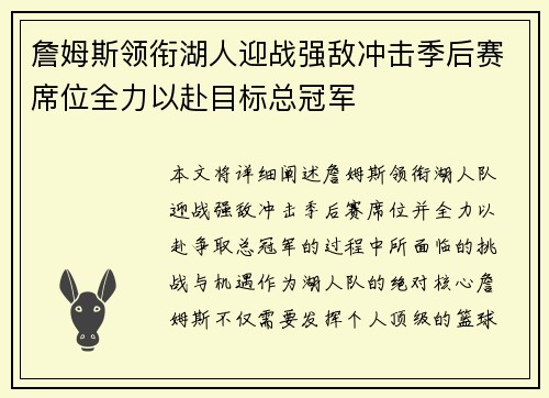 詹姆斯领衔湖人迎战强敌冲击季后赛席位全力以赴目标总冠军