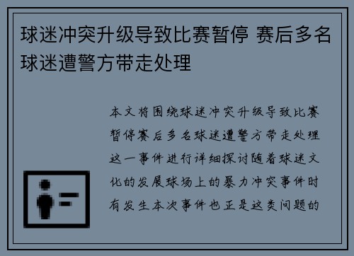 球迷冲突升级导致比赛暂停 赛后多名球迷遭警方带走处理
